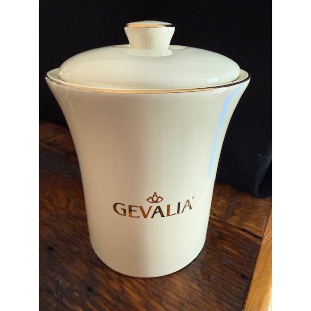 GEVALIA Coffee Canister, Cream w/Gold Lettering, Tight Rubber Seal. 8" × 6"